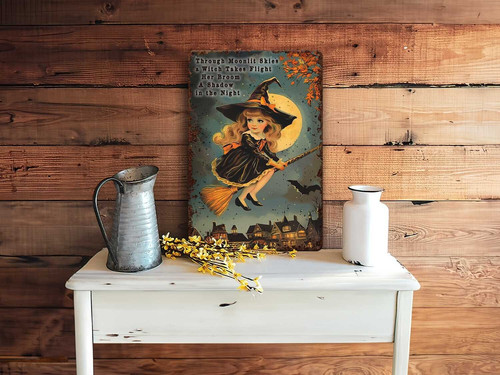 Primitive Halloween metal sign with moonlit witch design, rustic outdoor decor for porch or front door in vintage style | Familywalldecor