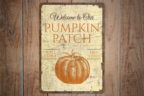 Rustic pumpkin patch metal sign with vintage typography and distressed finish for fall Halloween decor, indoor or outdoor | Family Wall Decor UK
