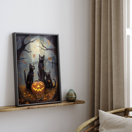 Spooky black cat canvas wall art print for Halloween nursery decor with warm autumn colors, seasonal fall wall decor | Family Wall Decor