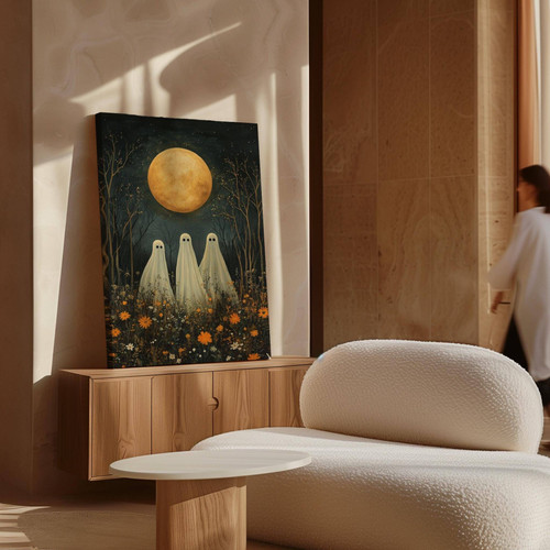 Moon Halloween canvas art with whimsical ghosts beneath a luminous full moon, cottagecore fall aesthetic for spooky walls | Family Wall Decor