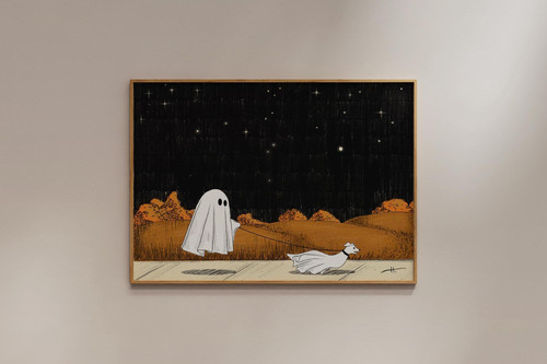 Ghost dog Halloween canvas with cute ghost pup, pumpkin and stars on black, custom pet name for spooky entryway decor | Family Wall Decor