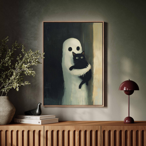Halloween ghost and black cat canvas wall art, rustic whimsical decor for entryway, spooky accent for unique home display | Familywalldecor