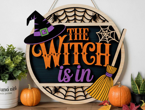 Halloween witch wood sign door hanger for spooky front door decor, plaque with witch motif to welcome trick-or-treaters. | Family Wall Decor DE