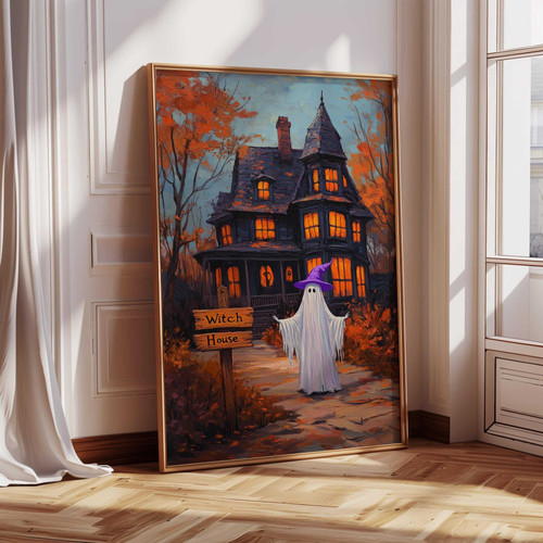 Cute spooky witch canvas wall art with whimsical illustration, pastel palette, portrait orientation for Halloween decor | Family Wall Decor