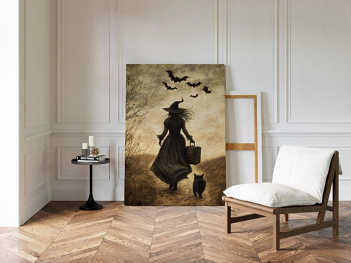 Mysterious witch and black cat canvas wall art with soaring bats, moonlit silhouette, portrait format for Halloween decor | Family Wall Decor