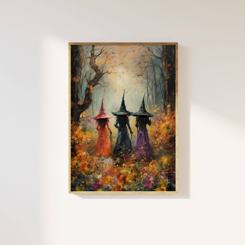 Halloween witches canvas wall art, mystical moonlit scene with flying silhouettes, perfect for living room or bedroom decor | Family Wall Decor