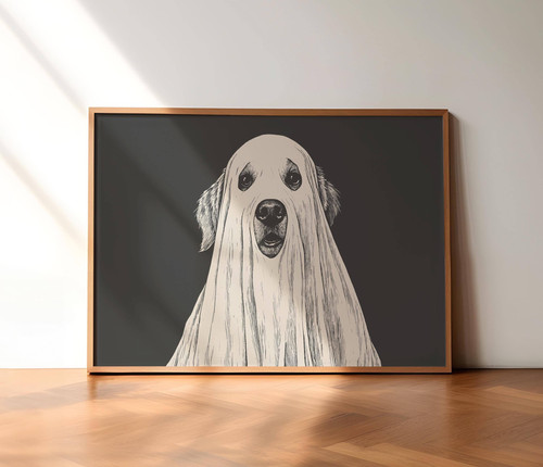Spooky ghost dog canvas wall art in vintage Halloween style, muted orange-black palette for dog lovers' home decor | Familywalldecor