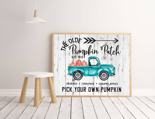 Rustic pumpkin patch farmhouse canvas with vintage truck watercolor, fall decor accents, personalized established date | Family Wall Decor