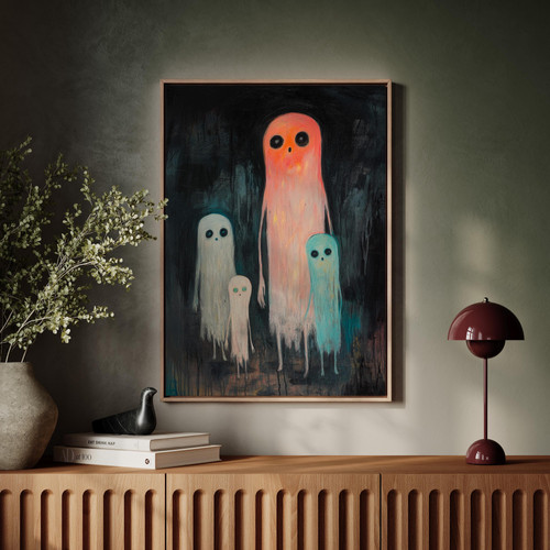 Colorful ghost family canvas wall art, playful Halloween decor with cute spooky spirits for kids rooms and goth homes. | Family Wall Decor