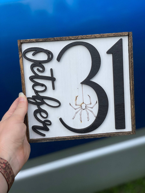 Halloween spider web laser-cut 3D wood sign featuring 'October 31' text and layered cutouts for spooky holiday home decor | Family Wall Decor
