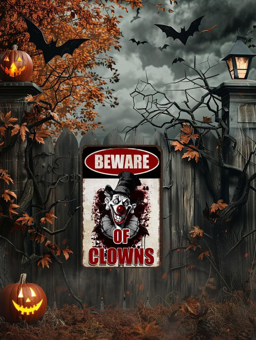 Creepy circus clown warning metal sign for Halloween yard decor, bold Beware message for outdoor porch or fence spooky display | Familywalldecor