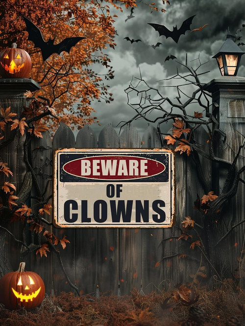 Creepy circus Halloween clown metal sign for yard decor, Beware text with sinister clown face, distressed finish for outdoors | Familywalldecor