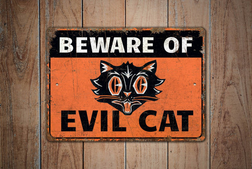 Halloween evil cat metal sign, rustic vintage Beware design with distressed edges, spooky wall decor for entryway | Familywalldecor