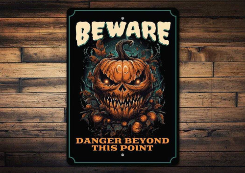 Halloween metal sign with Beware warning and scary pumpkin face, spooky wall decor for haunted house entryway or porch. | Familywalldecor