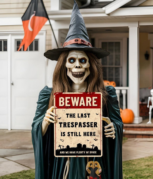 Halloween beware metal sign, funny outdoor yard decor for graveyard scenes; weatherproof fence or cemetery marker with humor | Familywalldecor