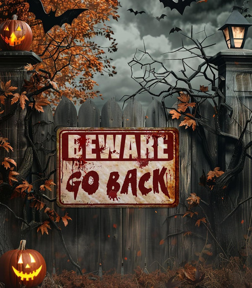 Beware Halloween metal sign for spooky decor, horror room plaque with distressed black-orange finish for indoor or outdoor | Familywalldecor