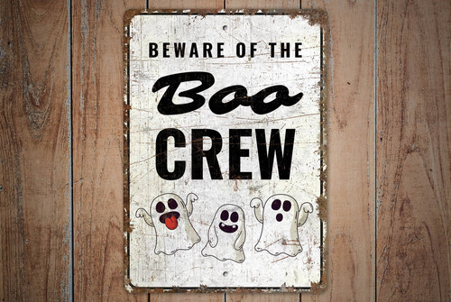 Beware Of Boo Crew metal sign, distressed black-orange finish with ghosts and webs, rustic vintage Halloween decor | Familywalldecor