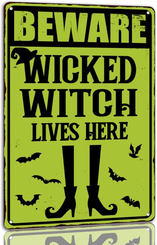 Beware Halloween metal sign, vintage gothic witch decor for cafe or kitchen wall, distressed finish with spooky warning text | Familywalldecor