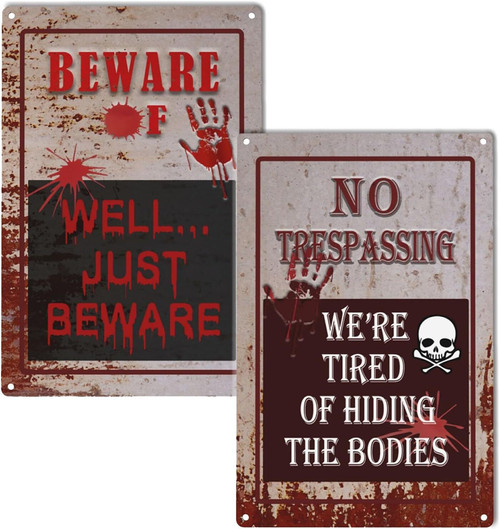 Spooky Halloween metal sign featuring blood-red Beware text with skulls and bats, yard stake design for outdoor haunted house | Familywalldecor