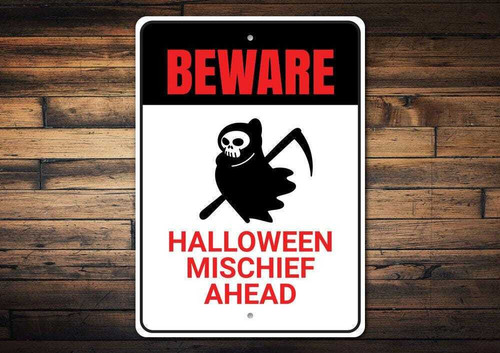 Halloween metal sign with grim reapers and Beware text, spooky wall decor for porch or entryway during October haunted season | Familywalldecor