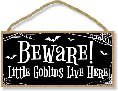 Halloween wooden wall art sign with spooky lettering, 'Beware: Little Goblins Live Here,' fun home entryway decor | Familywalldecor