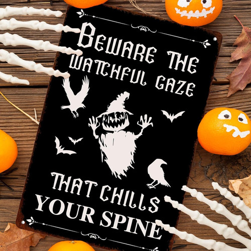 Halloween Beware vintage metal sign with witch and ghost, distressed edges, retro lettering for entryway wall decor | Familywalldecor