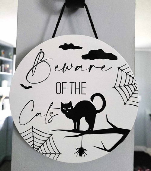 Halloween cat wood sign with 'Beware' text, personalized with family name; rustic fall decor accent for wall or front door. | Familywalldecor