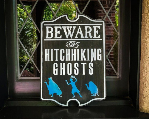Beware of Hitchhiking Ghosts Halloween sign, painted solid wood for spooky outdoor décor on porch, entryway, or patio. | Family Wall Decor
