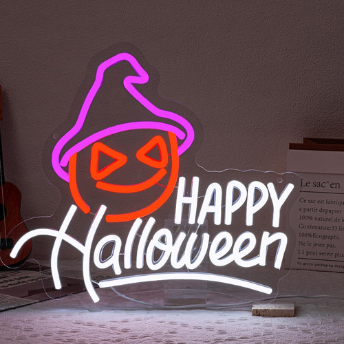 Halloween pumpkin neon sign with bright orange LED glow, wall decor for kids’ bedroom or playroom, for spooky vibes. | Familywalldecor