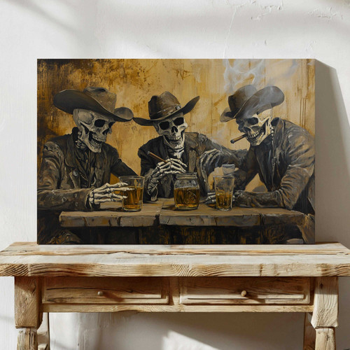 Skeleton cowboy saloon canvas wall art with whiskey bottle, moody Western decor for home bar or pub, landscape format | Family Wall Decor