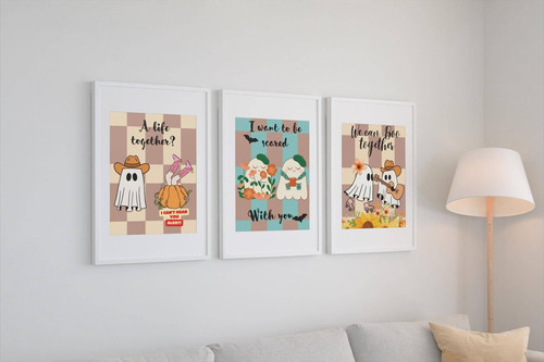 Ghost couple canvas wall art with Forever My Boo quote, romantic Halloween theme, wedding gift for spooky season lovers | Family Wall Decor