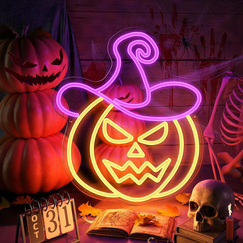 Halloween pumpkin neon sign with wizard hat in orange and purple, LED wall decor for spooky party nights in living room | Family Wall Decor