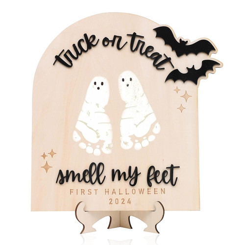Trick or Treat wood sign for baby's first Halloween 2025 keepsake, rustic engraved plaque with pumpkin and bat accents | Family Wall Decor