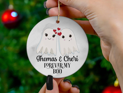 Romantic ghost Halloween ornament for couples featuring Forever My Boo and custom names, a personalized gift for spooky decor | Familywalldecor