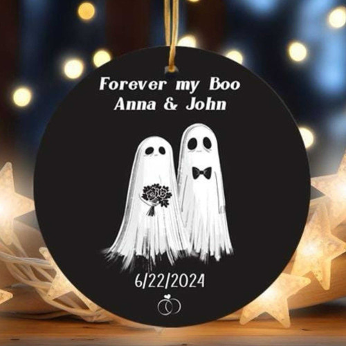 Forever My Boo personalized wedding ornament, ghost-themed keepsake with custom names and date for Halloween or Christmas | Familywalldecor