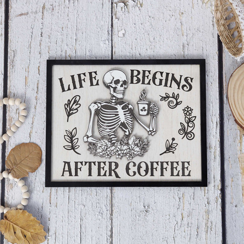 Skeleton coffee wood sign for Halloween, personalized kitchen decor with engraved name, funny wall art for coffee lovers | Familywalldecor