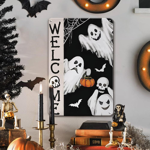 Ghost Halloween metal sign vintage retro wall decor for outdoor porch and yard, distressed look for a spooky welcome | Familywalldecor