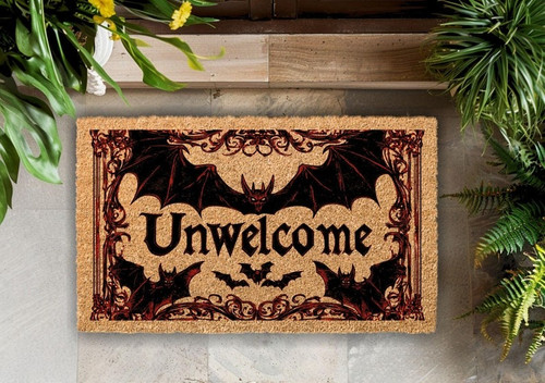 Gothic bat doormat with a spooky dark motif, Halloween welcome mat for front door entryway decor, striking bat graphic | Familywalldecor