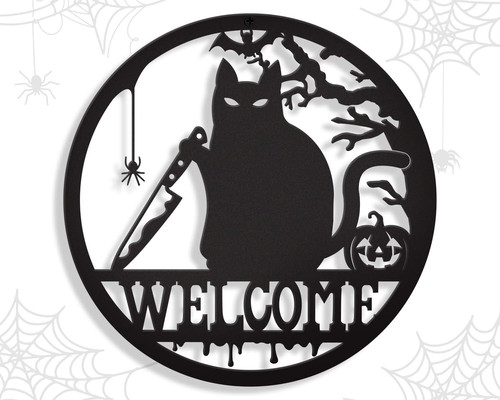 witchy gothic welcome metal sign for halloween porch or front door decor, durable weather-resistant indoor outdoor wall art | Familywalldecor