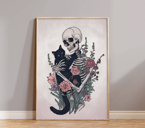Gothic skeleton and black cat canvas wall art with dark florals for living room decor, moody palette, portrait orientation | Family Wall Decor