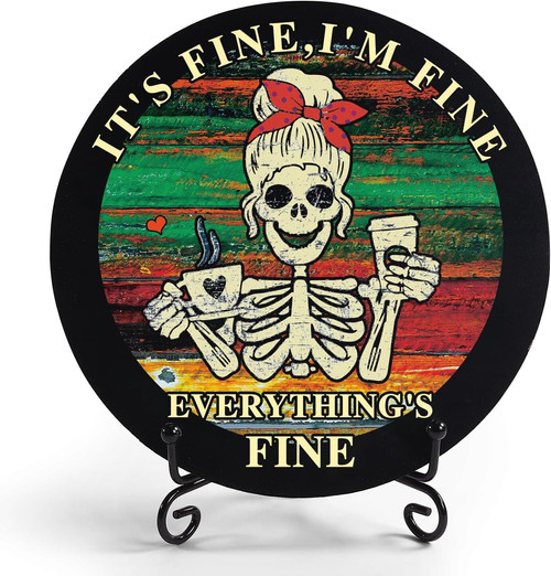 Gothic skeleton wood sign with dark humor Halloween slogan, rustic black-and-wood decor for front door entry or office desk | Familywalldecor