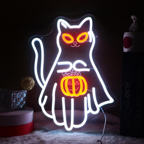 Funny white cat holding pumpkin neon sign wall decor for Halloween, bright orange and white glow, vertical layout for entry | Familywalldecor