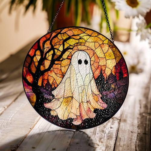 Halloween ghost stained glass suncatcher for window hanging, spooky light catcher adds eerie sparkle to seasonal home decor | Familywalldecor