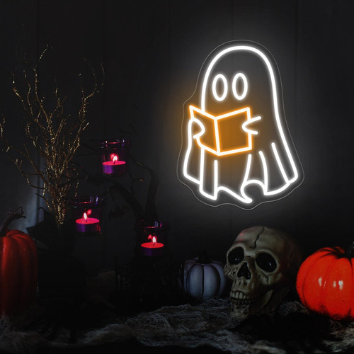 Halloween ghosts reading neon sign in warm white LED, wall-mounted for home library decor, spooky accent for book lovers | Family Wall Decor
