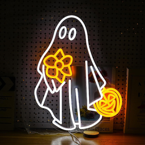 Halloween pumpkin ghost LED neon sign, dimmable glow for game room decor, seasonal LED light with orange-white glow | Family Wall Decor