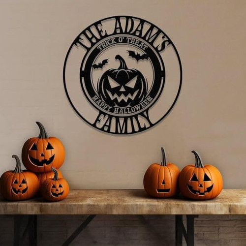 Halloween pumpkin metal sign personalized with family name, spooky welcome for front porch decor, matte black finish | Familywalldecor