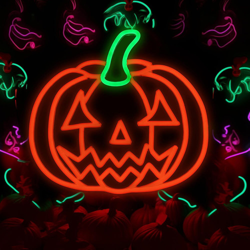 Halloween pumpkin neon sign wall decor, adjustable glow jack-o'-lantern outline, battery or USB powered for eerie ambiance | Familywalldecor