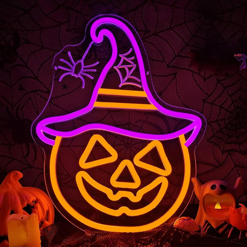 Halloween pumpkin neon sign with spider lights, glowing orange LED wall decor for a spooky Halloween party backdrop | Family Wall Decor