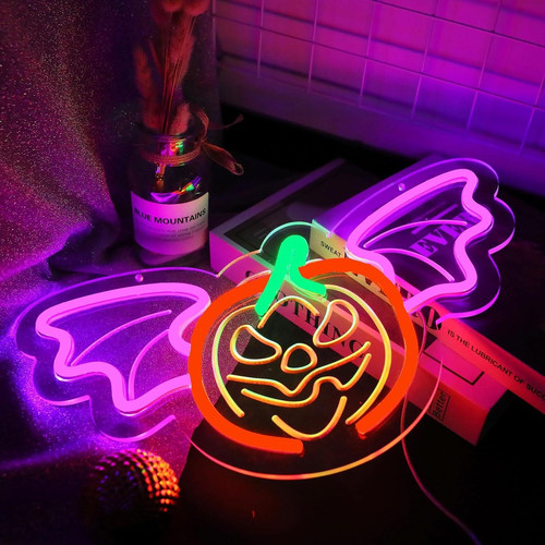 Halloween pumpkin LED neon sign, warm orange jack-o’-lantern glow, dimmable wall decor on clear acrylic for bedroom or bar | Familywalldecor