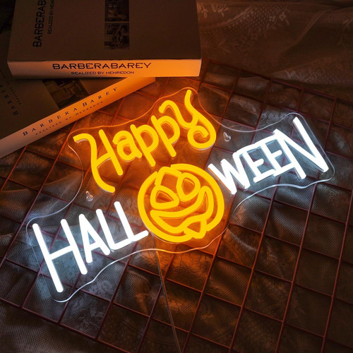 Spooky pumpkin neon sign with glowing orange jack-o'-lantern face, indoor wall art light for Halloween decor and festive vibe | Familywalldecor